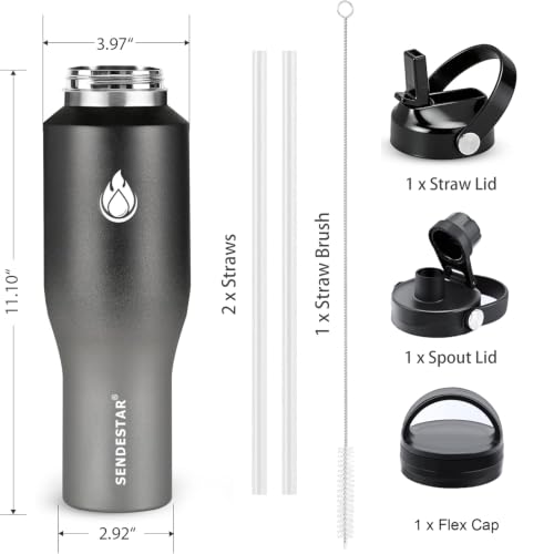 Image of SENDESTAR 40oz Stainless Steel Water Bottle(Cold for 48 Hrs, Hot for 24 Hrs),Double Wall Vacuum Insulated Bottle with Straw Lid, Spout Lid and Flex Cap, Fit in Any Car Cup Holder,Grey-B