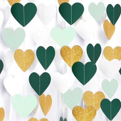 Image of Sage-Green Mint Beige-Gold Love-Heart Garland, 39Ft Rustic Wedding Hanging Birthday Decor Streamers Banner, Bachelorette Bridal Shower Engagement Valentines Graduation Woodland Party Supplies