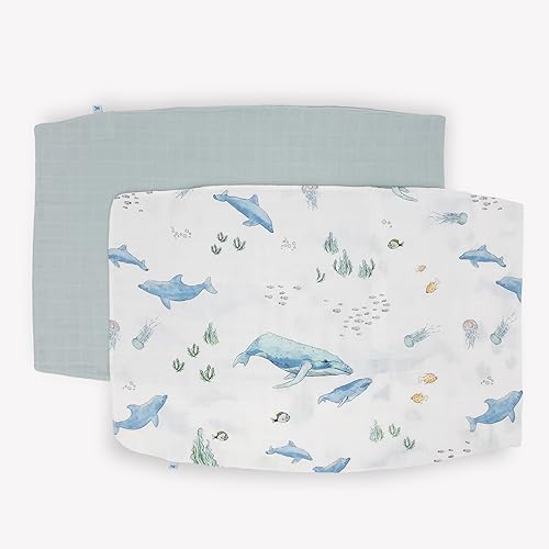 Image of Little Unicorn Standard Pillowcase 2 Pack | Super Soft & Breathable Muslin Fabric | Snug Envelope Closure | for Crib and Toddler Bed (Whales)