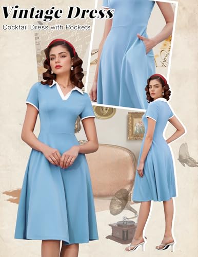 Dressystar Women V Neck 1950s Vintage Short Sleeves Dress Retro A Line Swing Rockabilly Cocktail Party Dresses with Pockets Blue L3