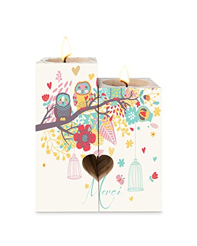 Heart-Shaped Candle Holders For Table Centerpiece - Colorful Owls And Lanterns On Branches Tealight Candle Holder Set - Wooden Candlestick Home Decorations For Friend Couple #TOP1