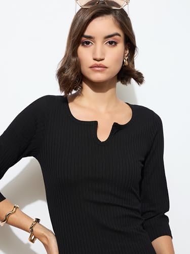 Image of barcino Black Rib Deep V-Neck Ankle Midi Dress