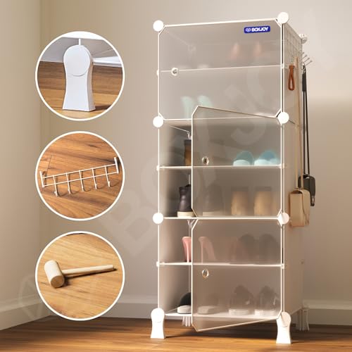 Image of BOXJOY 6 Shelf Shoe Rack with 3 Translucent Doors, 5 Hook Steel Holder & Wooden Hammer, Home Storage PP Plastic Organizer with Metal Door Frame to Cover Chappal Slipper Sandals Shoes Box Stand (White)