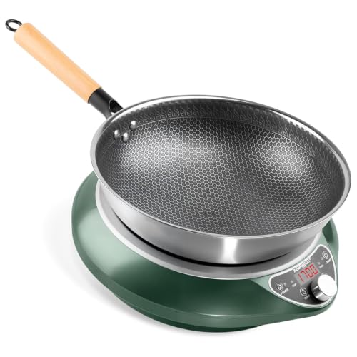 Abangdun 1700W 120V Concave Induction Wok Cooktop with Stainless Steel Wok, Non-Pulse Continuous Heating, 16 Power Levels, Portable Countertop Burner for Round-Bottom Woks & Stir-Fry Cooking