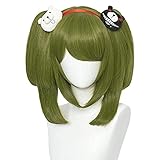 MAGGAZ Green Wig + 2 Bear Clips Anime Pigtails Cosplay Wig for Monaca Towa with Detachable Ponytails Lolita Hair with Bangs for Halloween Party + Cap Coser Wig