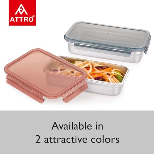 Image of Attro Steelox Rectangle Stainless Steel Container with Plastic Seal Lid BPA Free Food Grade Leak-Proof Ideal for School, Office & Outdoor Lunch Pack - 560ml Grey
