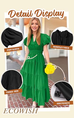 Image of ECOWISH Summer Maxi Dress for Women Casual Flowy V Neck Short Sleeve A Line Empire Waist Tiered Long Dresses with Pockets