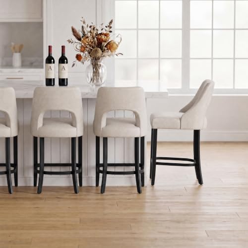 Image of UVV Bar Stools Set of 2, Modern Upholstered Counter Height Bar Stools, Faux Leather Counter Stools BarStools with Wood Legs for Kitchen Island Dining Room Bar, Beige