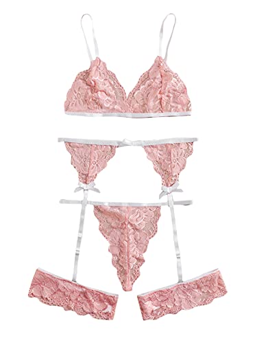 SOLY HUX Women's Lingerie Set Lace with Garter Belts Strap Teddy Babydoll Bodysuit Nightwear Outfit Coral Pink L