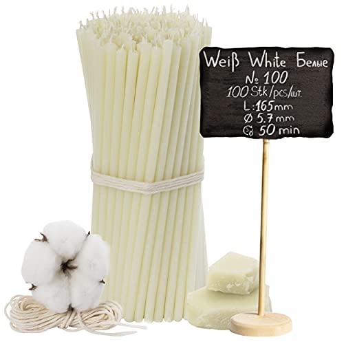 №100-100 candele di cera d'api bianche: candele tradizionali a stelo e per uso domestico, candele rituali e candele di cera colorate, un set per rituali, lunghezza 16,5 cm, diametro 5,7 mm, durata 50