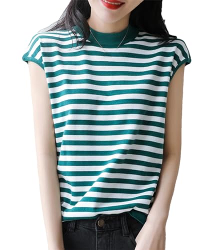 T-shirt d'été pour femmes en coton tricoté Kelsiop à rayures et col rond coupe ample décontractée