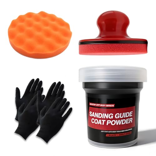 7.23oz (205g) Premium Dry Guide Coat Powder Set - Highlights Scratches Pinholes & Low Spots Extra Large Black Formula for Wet/Dry Auto BodySanding with 3 Disposable Gloves + 2 Polishing Sponges