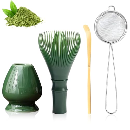 WDKXCN Matcha Whisk Set, 4 PCS Macha Tea Kit, Matcha Whisk and Sieve Scoop, Ceramic Whisk Holder, Matcha Ceremony Accessory for Family Relaxation and Tea Enthusiasts