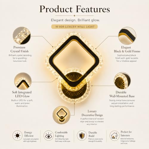 Image of Luxury Crystal LED Wall Light for Bedroom, Living Room & Hallway | Modern Diamond Design Decorative Wall Lamp | Warm White LED Wall Sconce | Premium Metal & Crystal Indoor Lighting