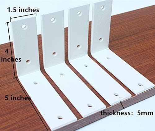 4 Pack - L 5" x H 4" x W 1.5", 5mm Thick White L Shelf Bracket, Iron Shelf Brackets, Metal Shelf Bracket, Industrial Shelf Bracket, Modern Shelf Bracket, Decorative Shelving Shelf Supports with Screws