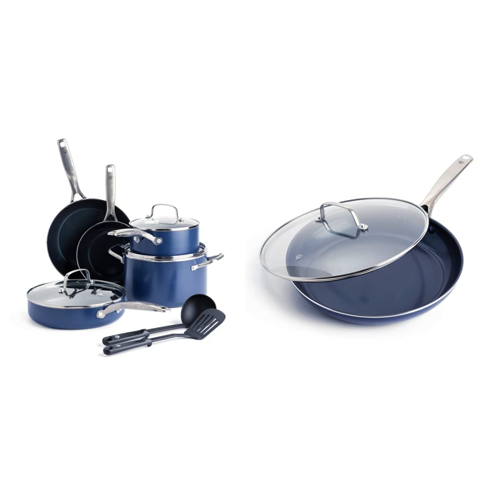 Photo 1 of Blue Diamond Cookware Diamond Infused Ceramic Nonstick 10 Piece Cookware Pots and Pans Set, Blue & Cookware Diamond Infused Ceramic Nonstick 12" Frying Pan Skillet, Blue
