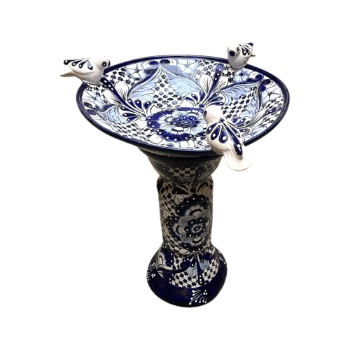 Blue & White Talavera Bird Bath Sculpted Birds