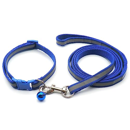 Small Dog Puppy Pet Collar and Lead Set Reflective Hi-Vis Strip Nylon Adjustable Size 19-32cm Collar with Bell and 120cm Leash Blue - Image 2