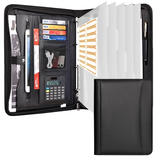 Leathario Portfolio A4 en Cuir PU Porte Document pour Bureau, Classeur à Quatre Anneaux avec Bloc...