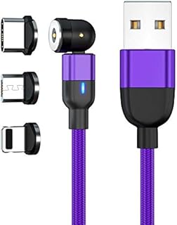 JJA Magnetic Charging Cable, 3 in 1 Micro USB, Type C, i/connector, Android Smart Phones, Rotating, Fast Charger, Made with Visibility LED & Strong Nylon Braided (1 Meter Purple)