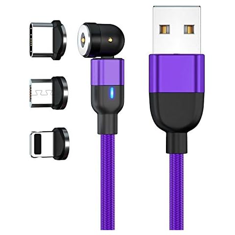 JJA Magnetic Charging Cable, 3 in 1 Micro USB, Type C, i/connector, Android Smart Phones, Rotating, Fast Charger, Made with Visibility LED & Strong Nylon Braided (1 Meter Purple) Cover