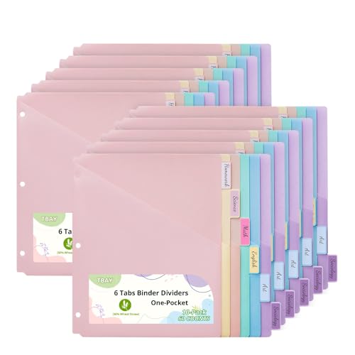 Bundle 10 Packs 6-Tab Letter Size Dividers for 3 Ring Binder, 60 Counts Wheat Straw Binder Dividers with One Pocket, 6 Pastel Colors, Perfect for School, Office Supplies (10)
