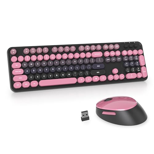 GTSP Typewriter Keyboard Wireless Mouse Combo, Cute Keyboard 2.4G Office Full-Sized Retro Keyboards with Round Keycaps for Laptop PC Desktops (Pink Plum) by Guffercty kred - Used condition - CA$26.34