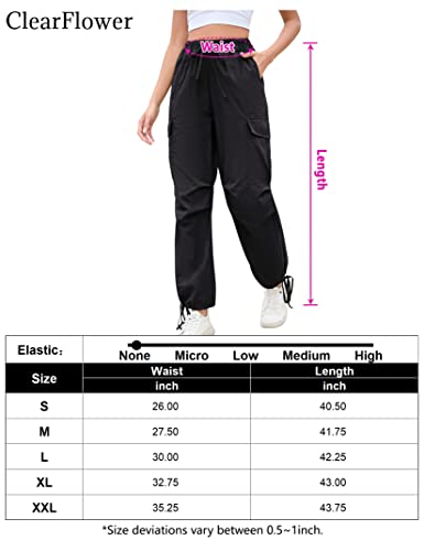 Clearflower Drawstring Cargo Pants For Women Parachute High Waist Lightweight Y2K Loose Pants With Pockets Black S #TOP5