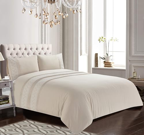 Linge de lit double brodé beige fini le repassage parure douce et facile - 2