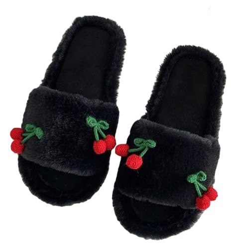Rungion Womens Home Warm Cherry Plush Slippers All-Season Open-Toe Non-Slip House Slides Soft Sole Cute Indoor Outdoor Sandals Shose