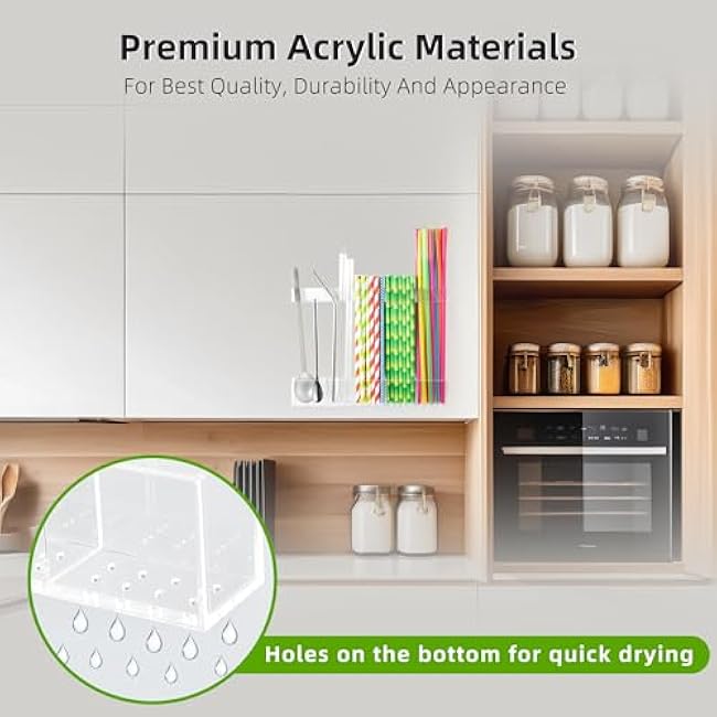 CIEO Acrylic Straw Holder for Cabinet Door, 6-9.8 Inches Adjustable Height, Clear Storage Organizer with Adhesive Mount for straw storage in kitchens, restaurants, cafes, and refrigerators (Clear)