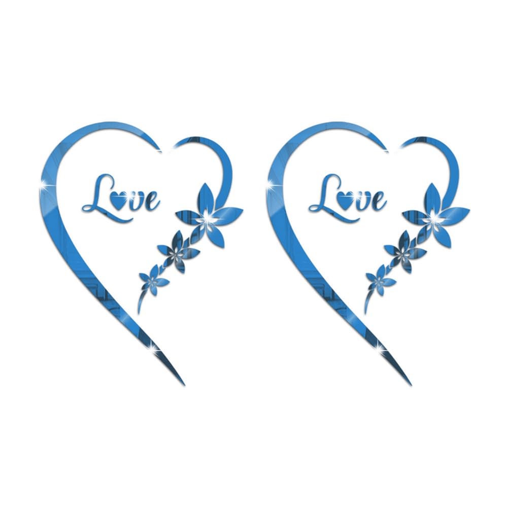 CTRLZS 2pcs Love Acrylic Mirror Stickers Heart-Shaped Bedroom Living Room TV Background Wall Home Decoration Blue