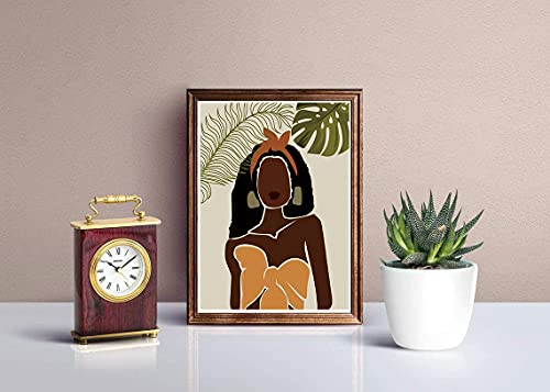Modern Minimalist Black Woman Leaf Art Painting African American Women Art Painting Black Girl Wall Art Fashion Pop Boho Queen Girl Room Poster Painting Female Bathroom Bedroom Dressing Room Wall Home Decor,Set Of 4 (8"X 10", No Frame #TOP5