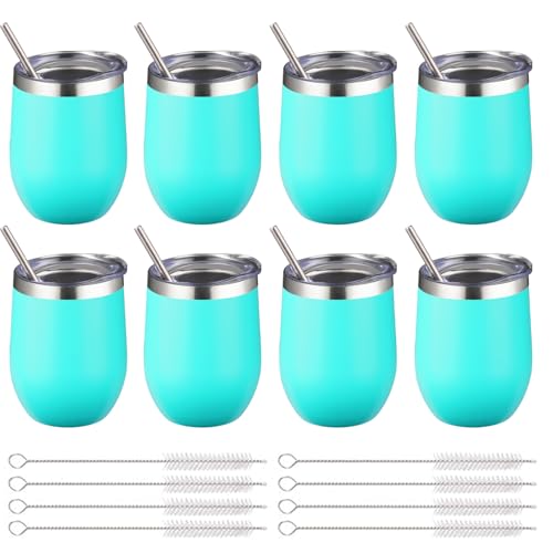 Image of 12 oz Insulated Wine Tumbler with Lid and Straw,Stainless Steel Stemless Wine Tumbler Glasses Double Wall Vacuum Wine Cups Tumbler Bulk for Champaign,Cocktail,Office(Mint Green,8)