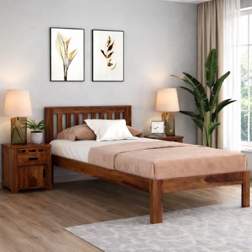 Image of KR Furniture Single Bed with Headboard | Solid Sheesham Wood Bed Frame | Strong Wooden Cot for Bedroom, Guest Room & Hostel Use | Minimalist Bed | 6 * 3 ft | Natural Finish