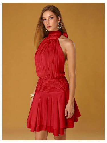 Image of Floerns Women's Summer Mini Dress Sleeveless Halter Backless Ruched Date Night Layered A Line Dresses