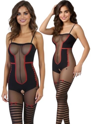 Image of ToBeInStyle Women's Assorted Bodystocking Sheer Opaque or Fishnet Crotchless Lingerie Bodysuit