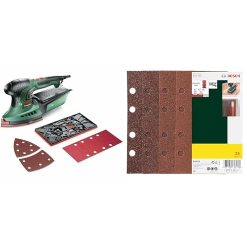 Bosch Multiponceuse PSM 200 AES (200 watts, en coffret) + 25 feuilles abrasives Set-1, différents matériaux pour ponceuses vibrantes (grain 40/60/80/120, 8...