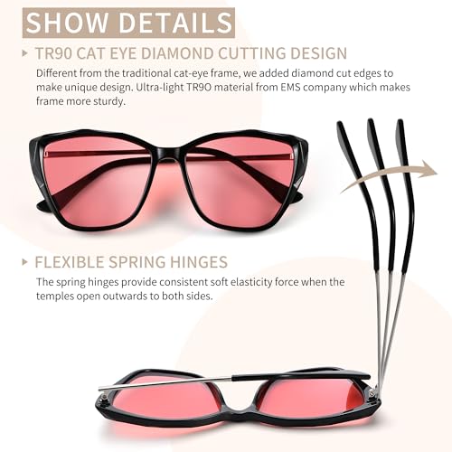 Image of Indoor Fluorescent-41 Pink Tinted Blue Light Blocking Glasses Cat Eye Migraine Light Sensitivity Computer Gaming Glasses Photophobia Fluorescent LED Glare Women AB3304