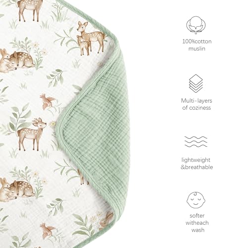 Konssy Muslin Baby Blankets for Girls Boys, 100% Cotton Crib Blanket for Infant Toddler, Super Soft and Lightweight Nursery Swaddling Wrap 40"x36" (Woodland)