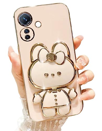 Aulzaju for Oneplus Nord N30 5G Case Cute with Hidden Mirror Stand,Nord N30 Phone Case Rabbit Design with Camera Protection,Plating Soft Silicone Girly Case for Oneplus N30 for Women Girls (Pink)