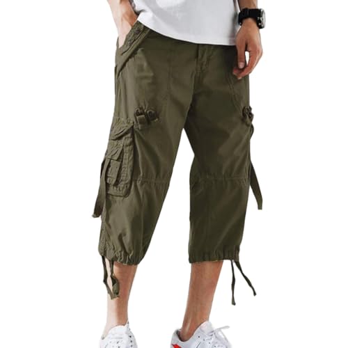AOYOG Men’s Cargo Shorts 3/4 Relaxed Fit Below Knee Capri Cargo Pants Cotton Army Green