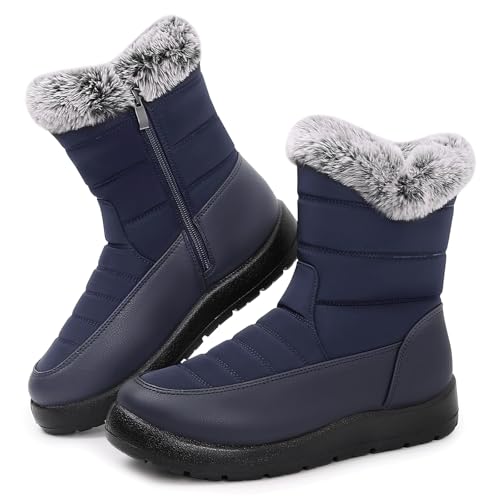 Winter Snow Boots for Women: Mid-Calf Booties with Fur Lined Zipper Comfortable Waterproof Warm Outdoor Shoes