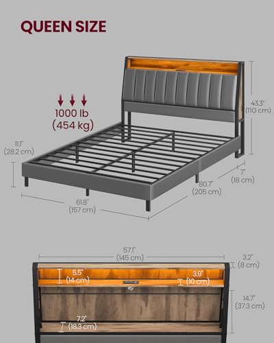 VASAGLE LED Bed Frame Queen Size, Storage Headboard and Charging Station, Queen Bed Frame with 2 AC Outlets, 1 USB Port, 1 Type-C Port, No Box Spring Needed, Dove Gray and Camel Brown URMB841G01