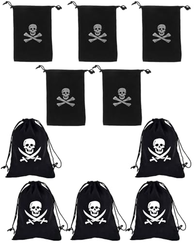 WUNZILO Lot de 10 sacs de pirate avec cordon de serrage - Grand sac Halloween artificiel - Petit sac en tissu