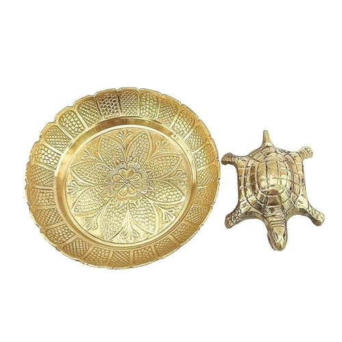 Image of Pure Brass Turtle Figurine on Decorative Plate, Gold, Vastu Feng Shui Tortoise with Patterned Tray