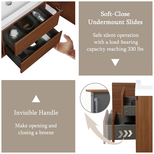 Image of KEIKI 48'' Wall-Mounted Bathroom Vanity with Sink - Floating Design, 2 Soft-Close Drawers & Doors & Resin Basin, Space-Saving for Bathrooms, Walnut