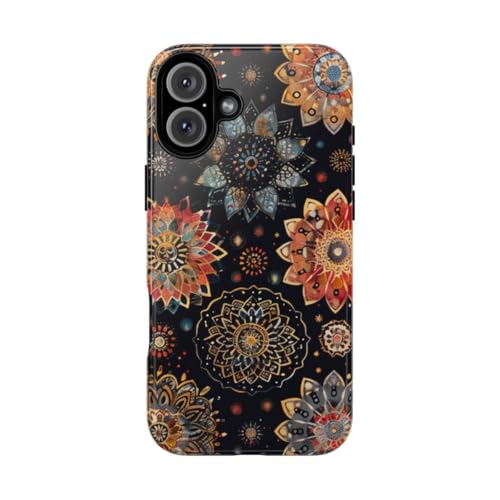Coque iPhone 16 Plus rigide motif mandala coloré noire brillante