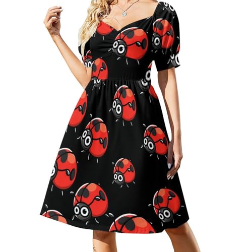 Image of Red Ladybug Midi Dresses for Women V Neck Puff Short Sleeve Sundress 4XL