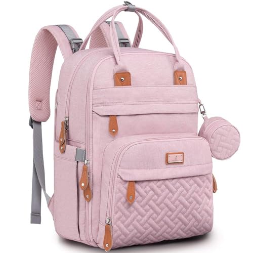 Image of BabbleRoo Diaper Bag Backpack - Baby Essentials Travel Tote Multi function Waterproof Bag, with Changing Pad, Stroller Straps & Pacifier Case Unisex, Pink
